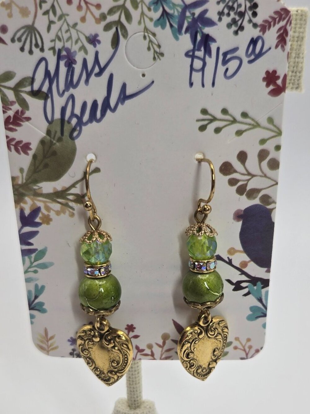 Glass Beads Green and Gold Tone Handmade Spring Beauty Item 70